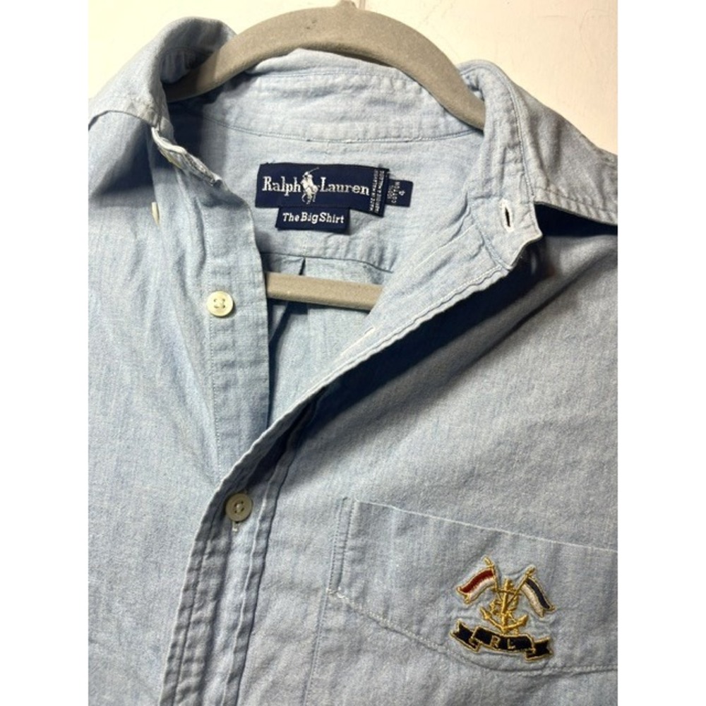 Ralph Lauren VTG The Big Shirt Mens XL Light Blue READ Chambray Nautical Crest